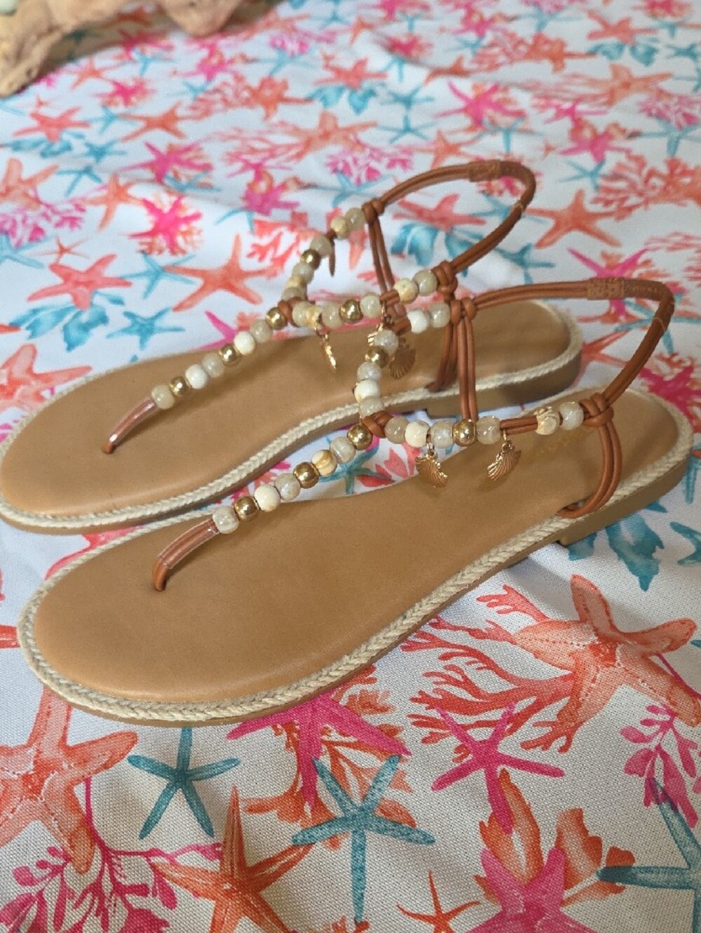 Madden Girl Tan Beaded T-Strap Sandals with Gold Accents